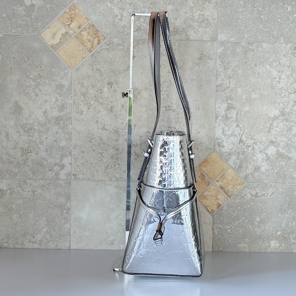 Michael Kors Voyager LG Mirror Metallic Tote Bag MK Silver - Picture 5 of 13
